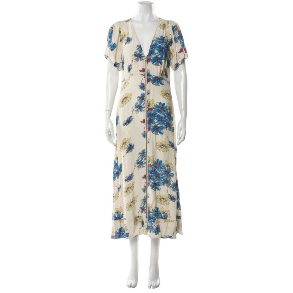 THE GREAT. Blue Floral Midi-Dress Zip Front Cottagecore Boho Size 2 Y2K Z21 - Picture 2 of 7